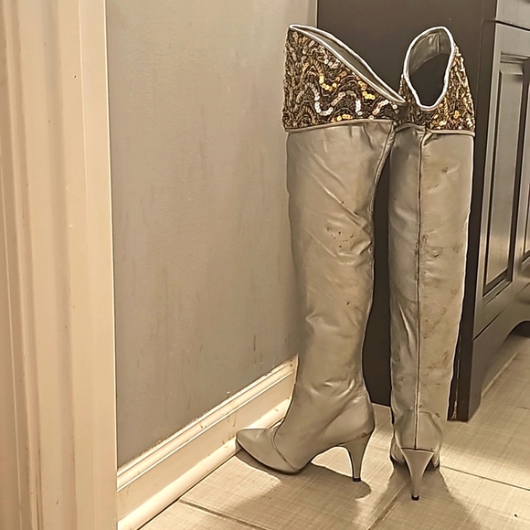 Vintage Over-The-Knee Genuine Leather Boots, Sz 8M Silver w/Top Black/Gold/Silve